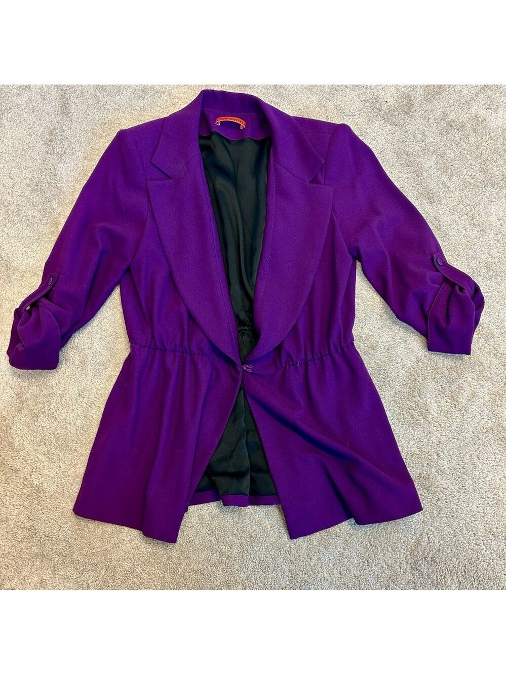 Alice + Olivia Elna peplum blazer jacket purple 3/4 roll tab sleeve cinched Sz M